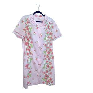 Dan Ellen House Dress Women's Pink Floral Pearl Snap Front Lace Trim Size L VTG